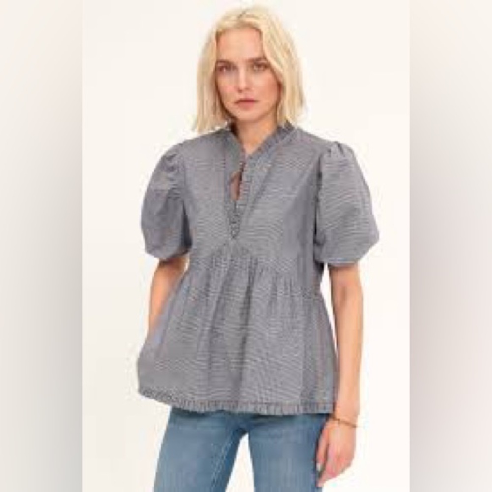 Harshman Aiya Navy Houndstooth Ruffle Puff Sleeve Blouse Cotton Wool NWT Size L